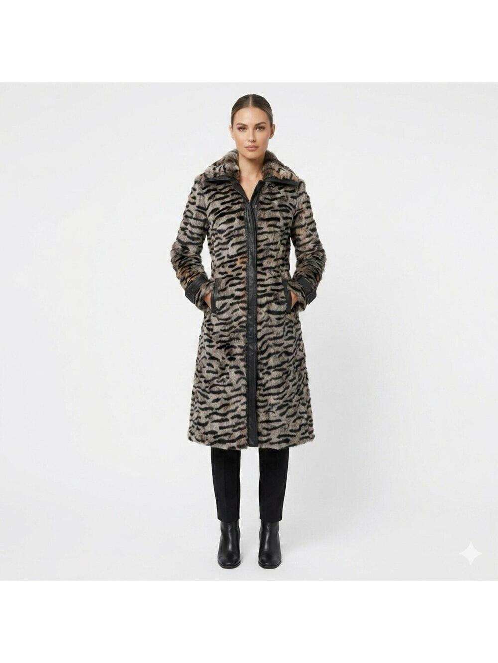 BEBE Vintage Y2K Genuine Rabbit Fur & Leather Tiger Print Trench Coat Jacket XS